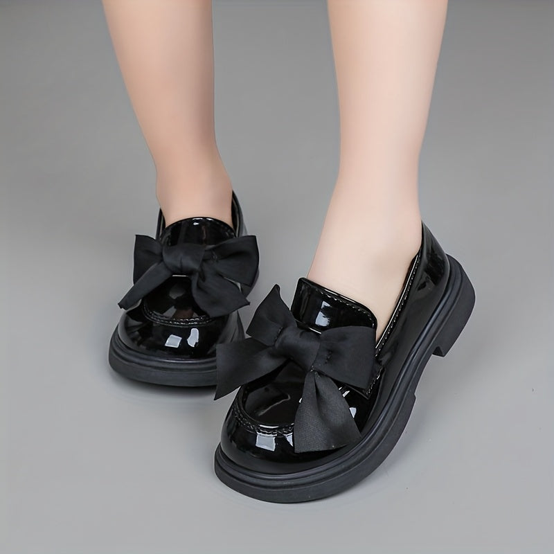Girls Spring Black Loafers with Bow Non-Slip Rubber Sole Casual Shoes