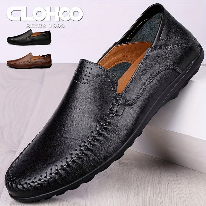 Men's Cowhide Leather Slip-On Loafers Casual Rubber Bottom Shoes All-Season