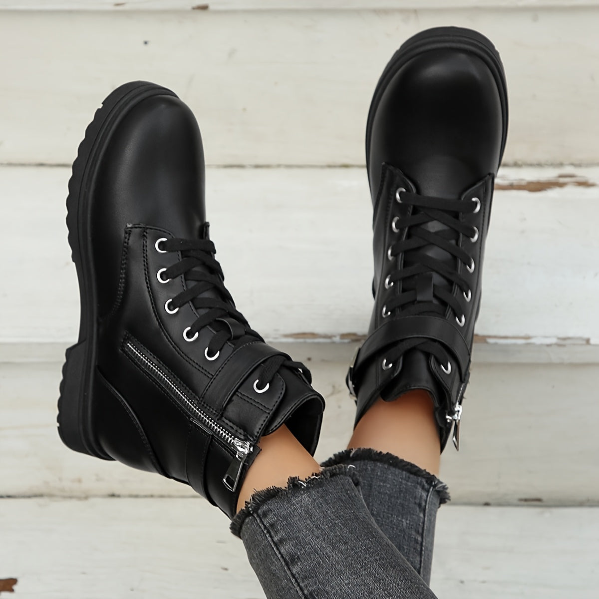 Женские массивные платформенные ботинки на щиколотке с кожзаменителем, боковой молнией, всесезонные
