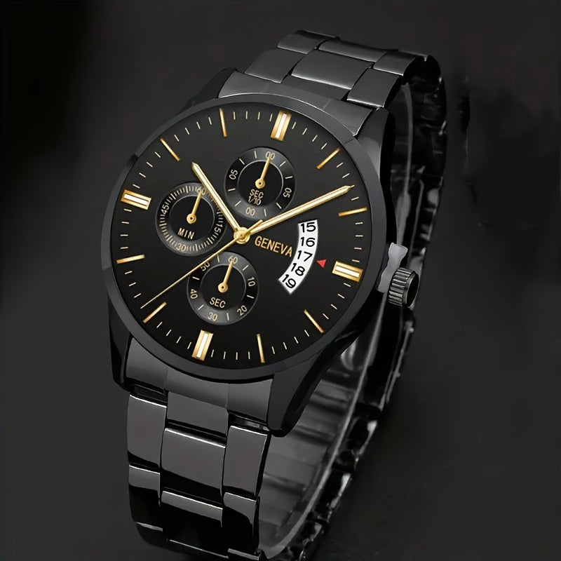 Men's Stainless Steel Quartz Watch with Calendar and Matching Bracelet Set
