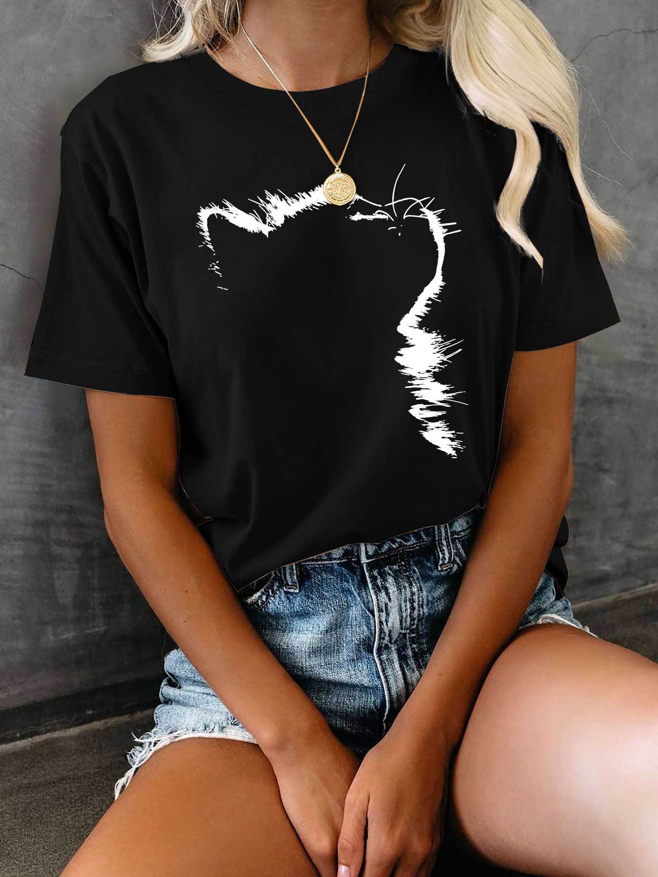 Women's Cotton Casual T-Shirt with Cat Graphic Print Crew Neck All Seasons