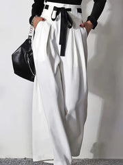 Women's Wide Leg Pants with Zipper Fly Contrast Waist Belt Solid Color Spring Fall Elegant