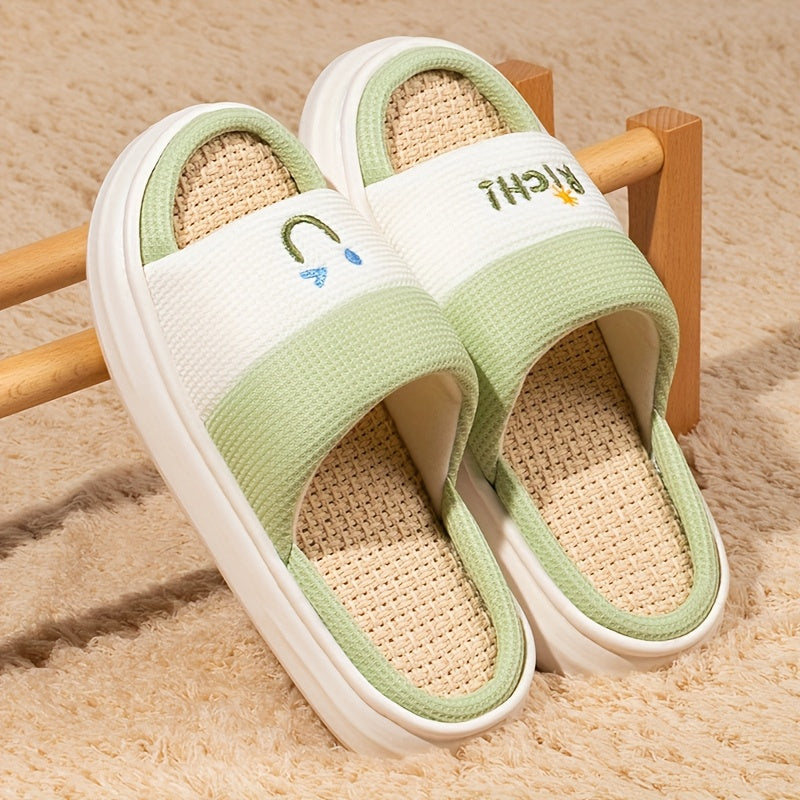 Women Linen Slippers Soft Non-Slip Indoor Shoes Light Blue White Love