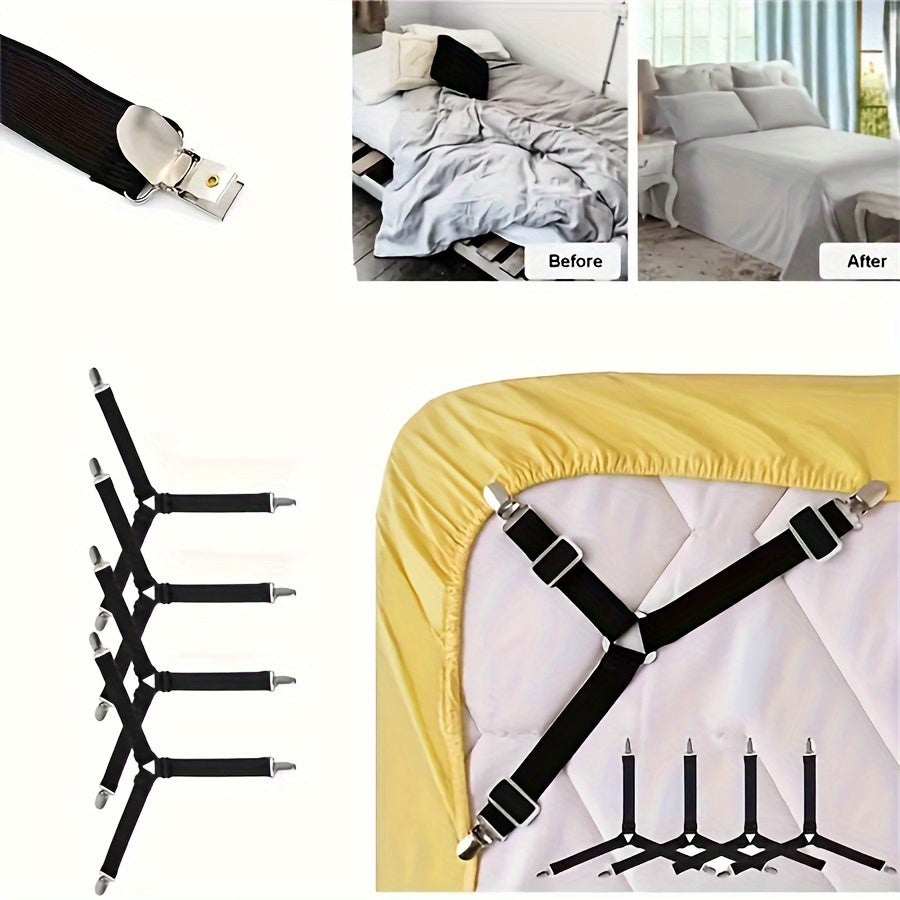 Set of 4 Adjustable Elastic Bed Sheet Straps Black and White for Secure Fit
