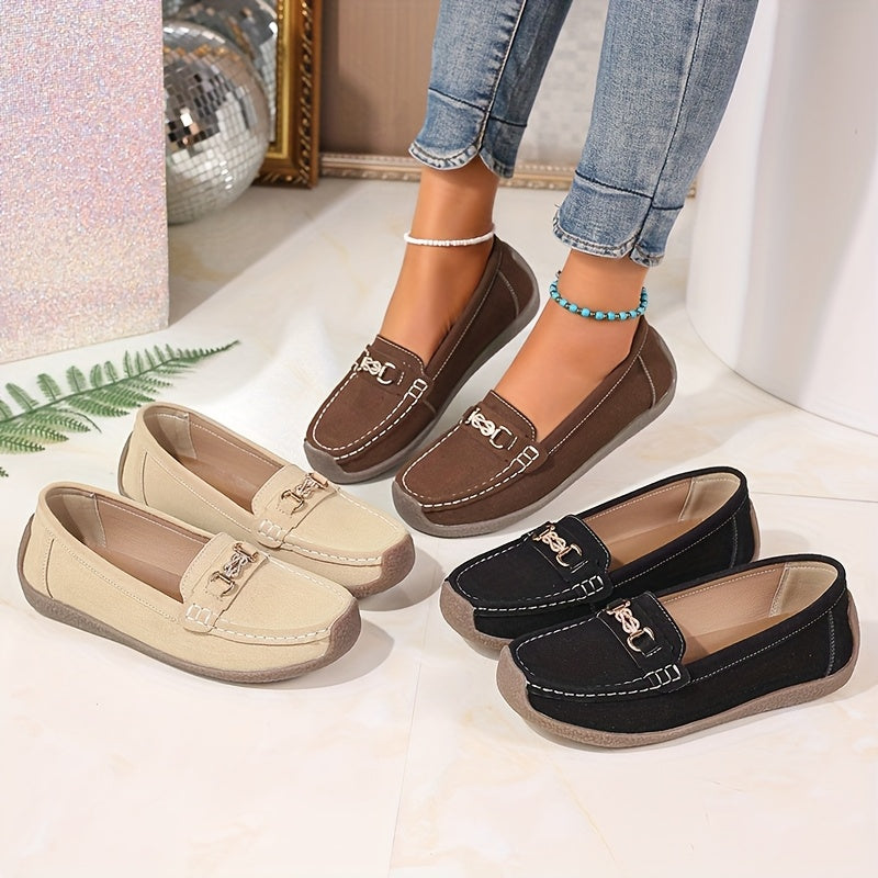 Women's Slip-On Loafers Leather Casual Flats with Metallic Buckle Black Brown Beige