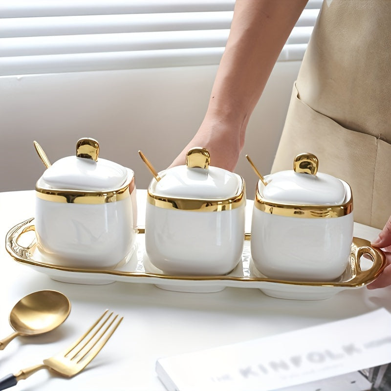 Juego de 3 piezas de tarros de porcelana para condimentos con tapas, organizador de azúcar, especias y condimentos