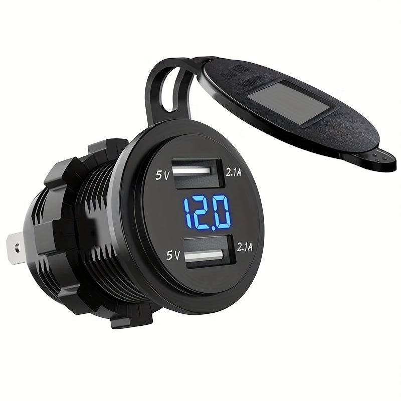 Dual USB Car Charger with Voltmeter for Boats and Motorcycles Black
