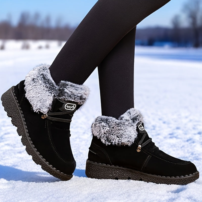 Women Winter Snow Boots Warm Leather Short Booties Black Sizes 36-45