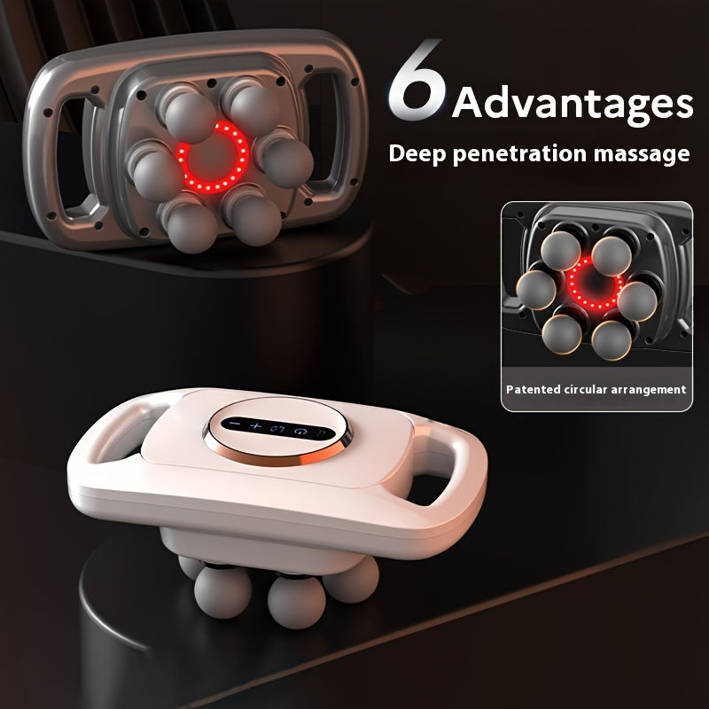 1 dona Professional 6-boshli zarba massaj quroli, LCD displey bilan, USB orqali zaryadlanadigan, 9 ta intensivlik darajalari, jim ishlash - To'liq tana massaji uchun mos.