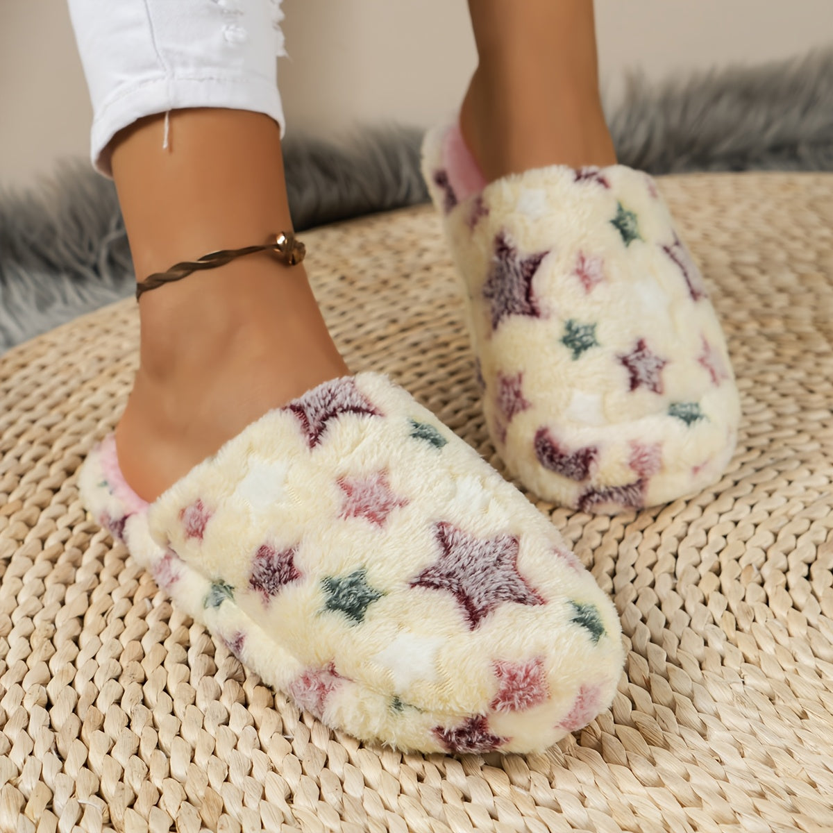Women’s Plush Star Pattern Slippers Soft Pink Black Indoor Home Shoes