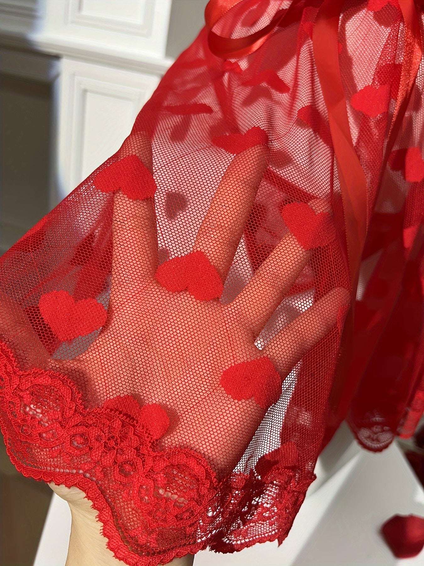 Red Sheer Mesh Lace-Up Lingerie Dress with Thong Heart Pattern Drop Waist No Padding