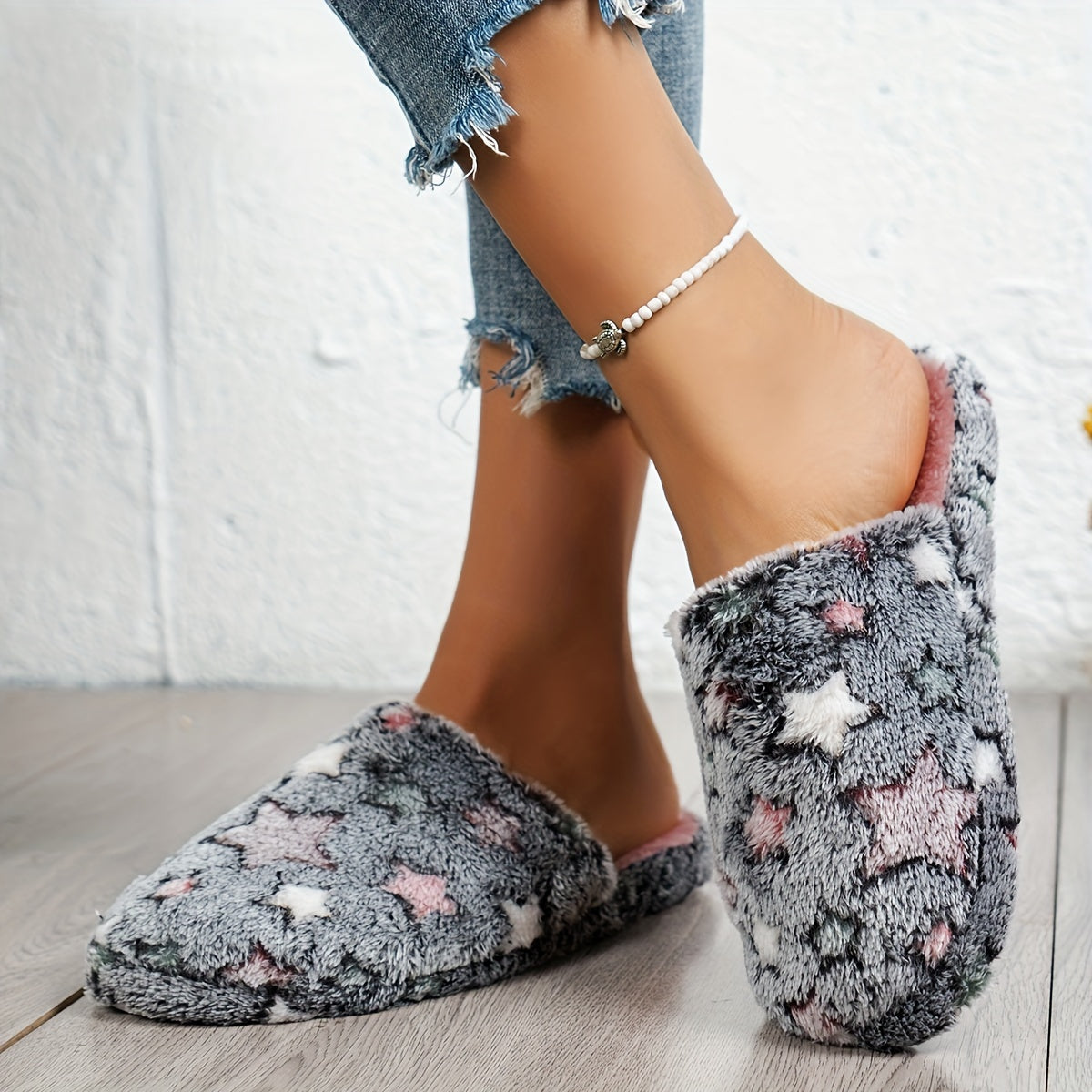 Women's Winter Plush Fleece House Slippers Non-Slip EVA Sole Pink Black