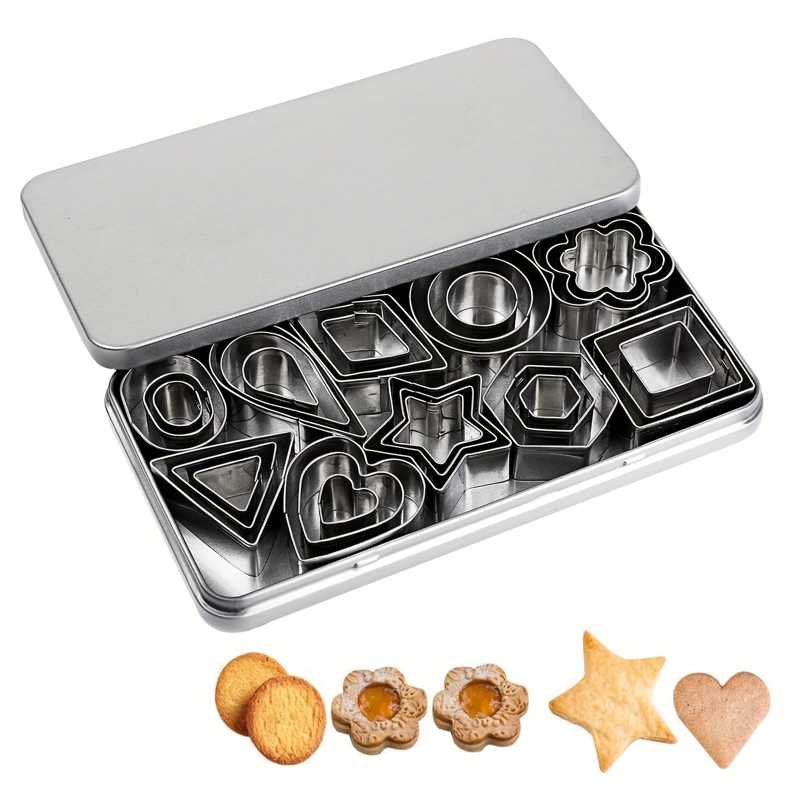 Set of 30 Stainless Steel Geometric Cookie Cutters for Baking and Pastries