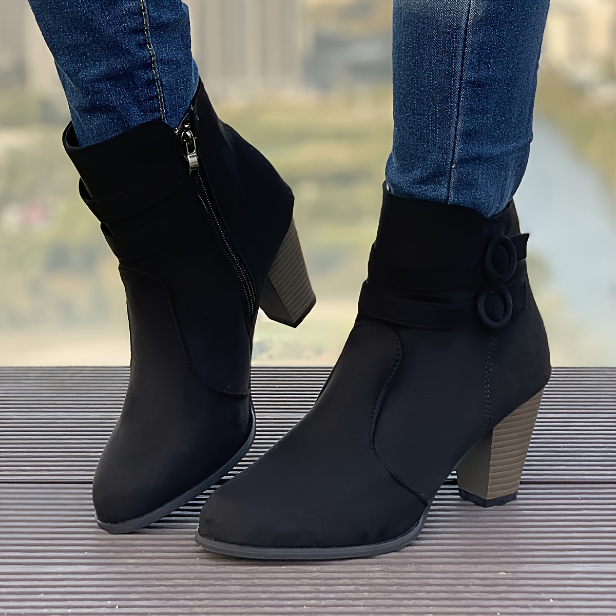 Women Red Ankle Boots with Chunky Heel Zipper Pointed Toe