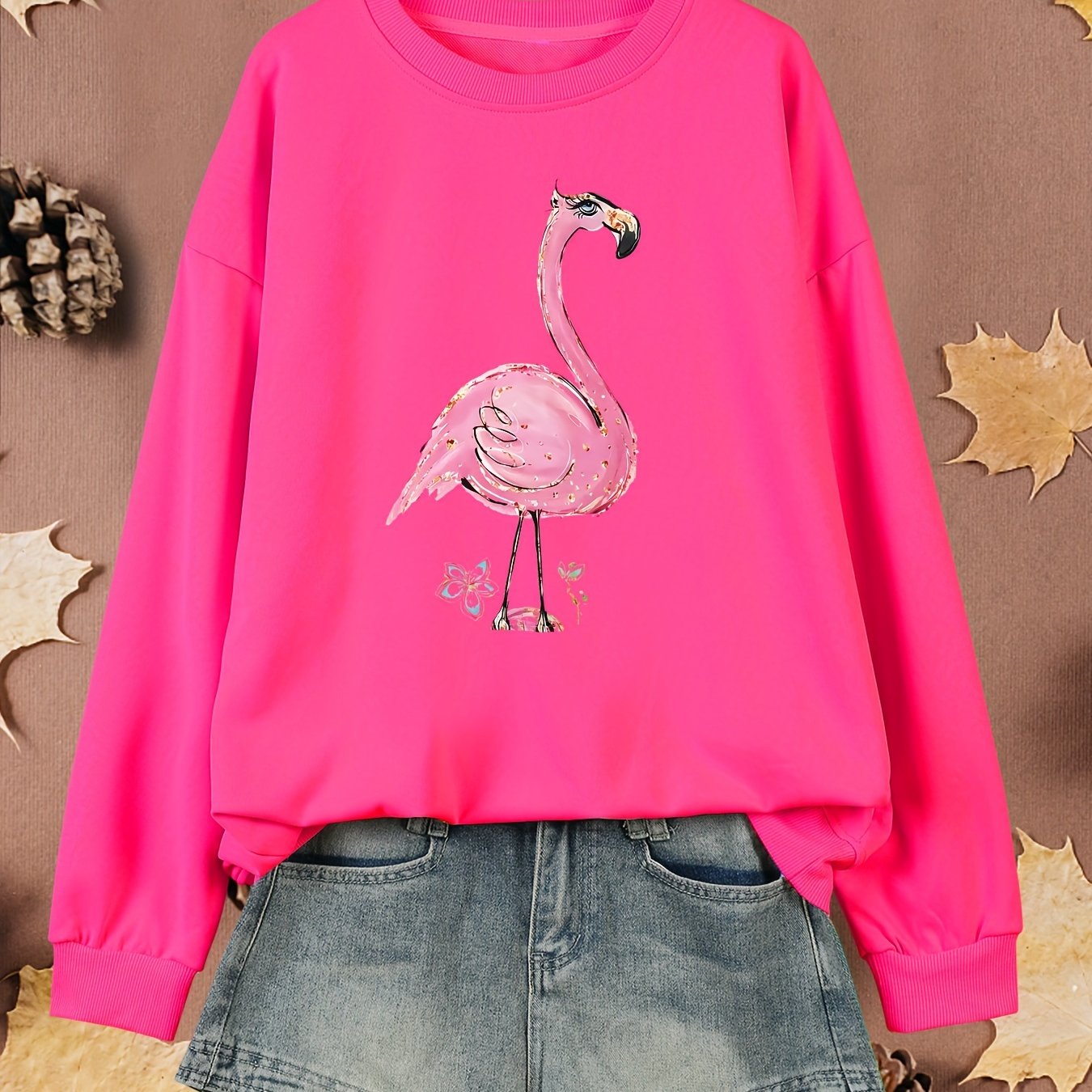 Women's Plus Size Flamingo Print Pullover Sweatshirt Long Sleeve Fall Spring