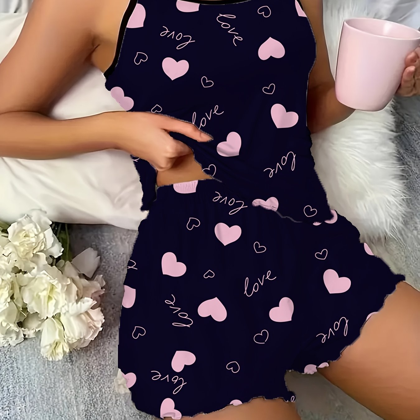 Women's Polyester Pajama Set with Love Heart Print Spaghetti Strap Shorts for All Seasons