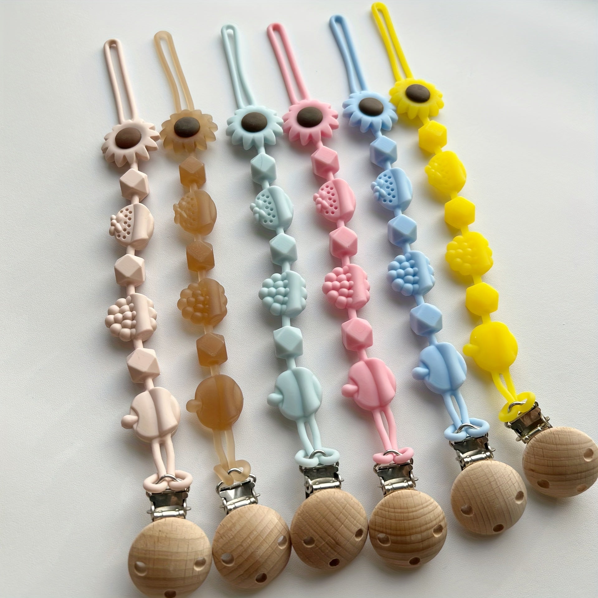 Silicone Teething Toy for Babies 0-3 Years Floral Fruit Clip Food-Grade Biteable Chain Pink Blue Yellow Brown