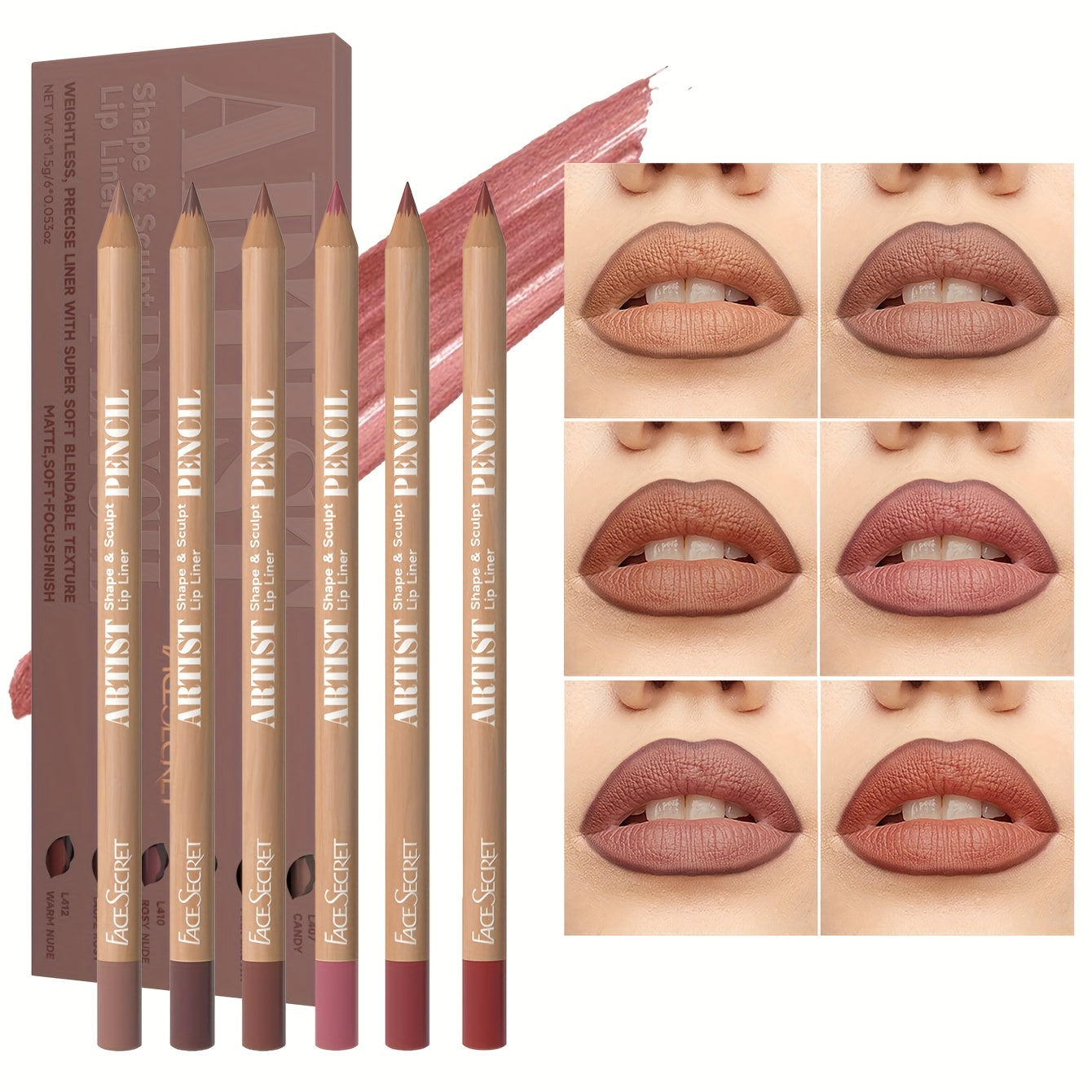 6-Piece Nude Waterproof Matte Lip Liner Set Long-Lasting Easy Application