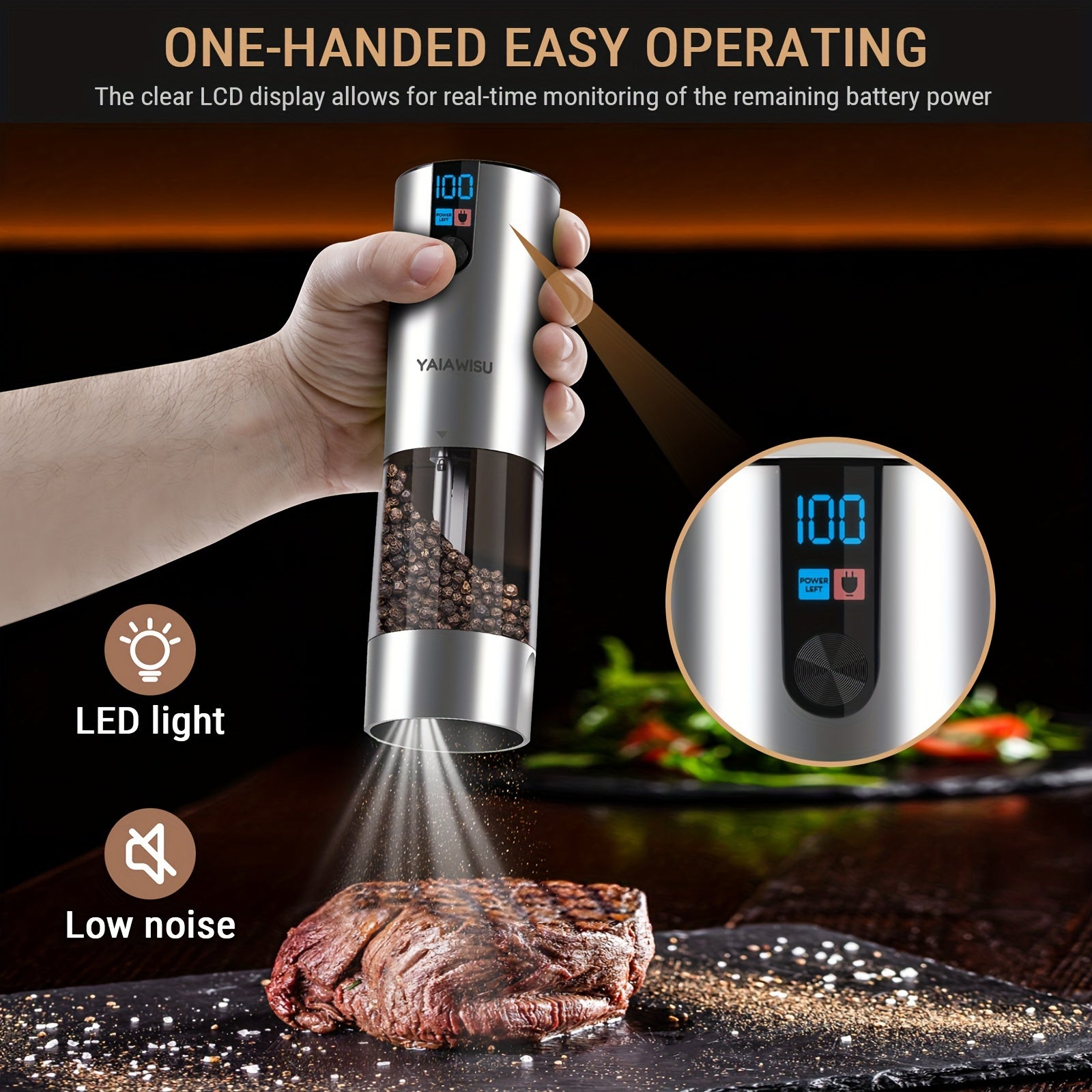 Juego de 2 piezas de molinillos de especias eléctricos con pantalla LCD, recargables por USB, de molienda gruesa/fina, para cocina, restaurante y barbacoa