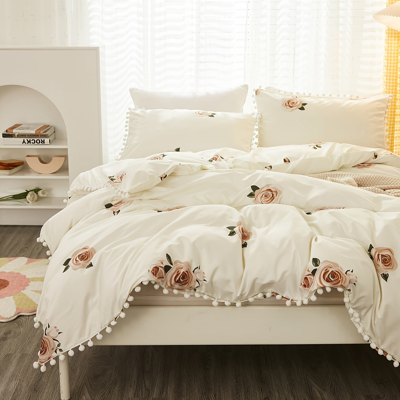 Set of 3 Pastoral Flower Print Duvet Cover Set with Pompom Details Soft Cozy Bedding for Bedroom or Guest Room
