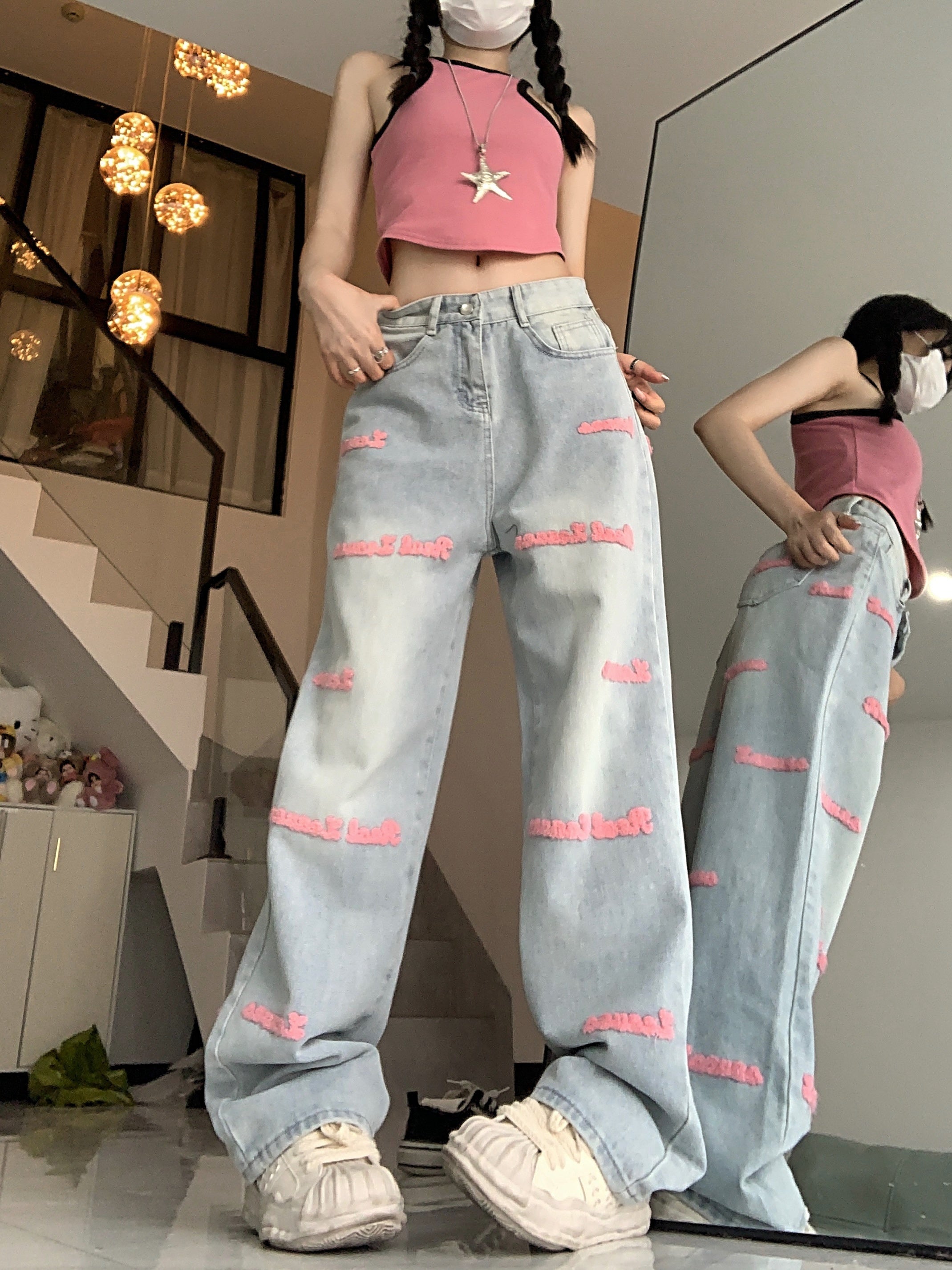 High-Waisted Embroidered Denim Jeans with Straight Leg and Button Fly Closure