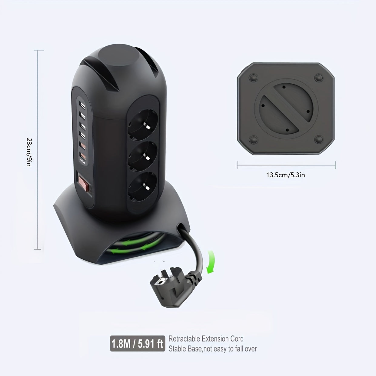 Regleta de corriente EU Tower con 9 tomas de corriente AC y 6 puertos USB, cable de 1.8 m, protección contra sobrecargas