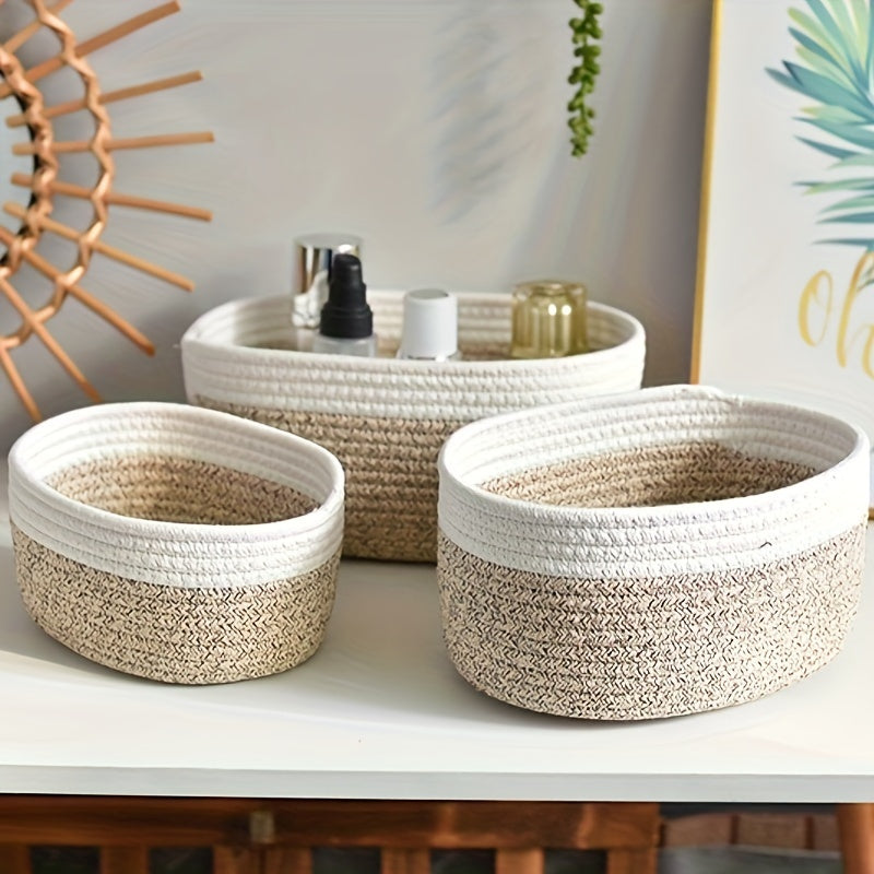Woven Rope Storage Basket Oval White and Multicolor for Kitchen Bathroom Organization