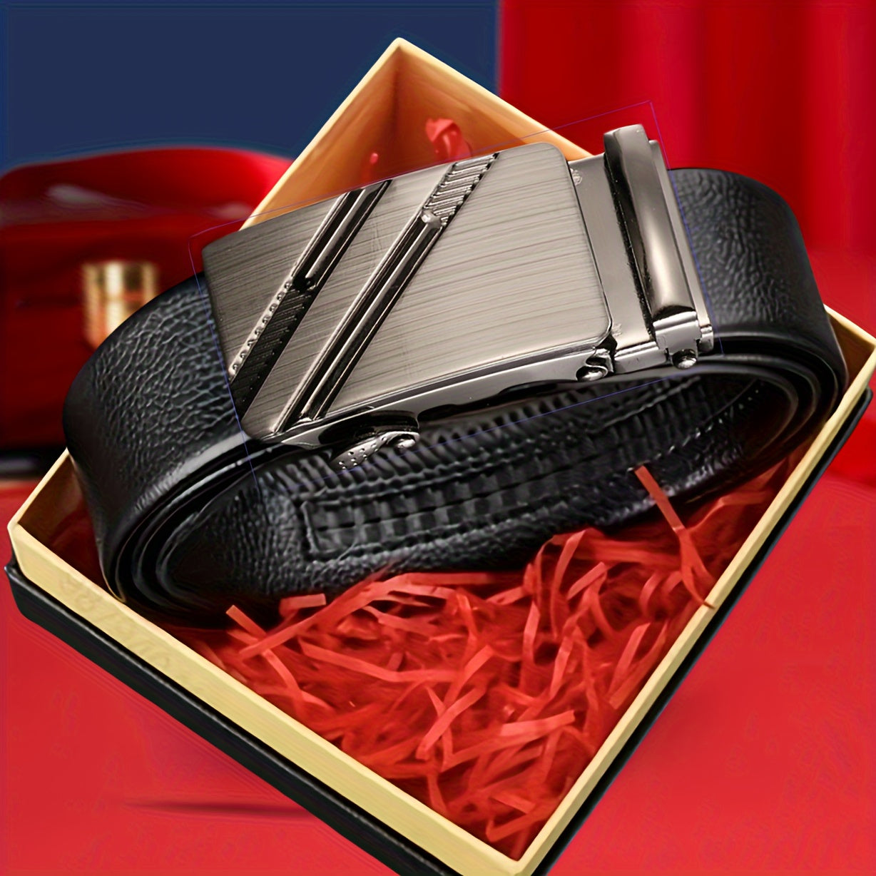 Cinturón casual de negocios para hombre con hebilla automática, patrón de lichi de doble barra, ajustable en PU