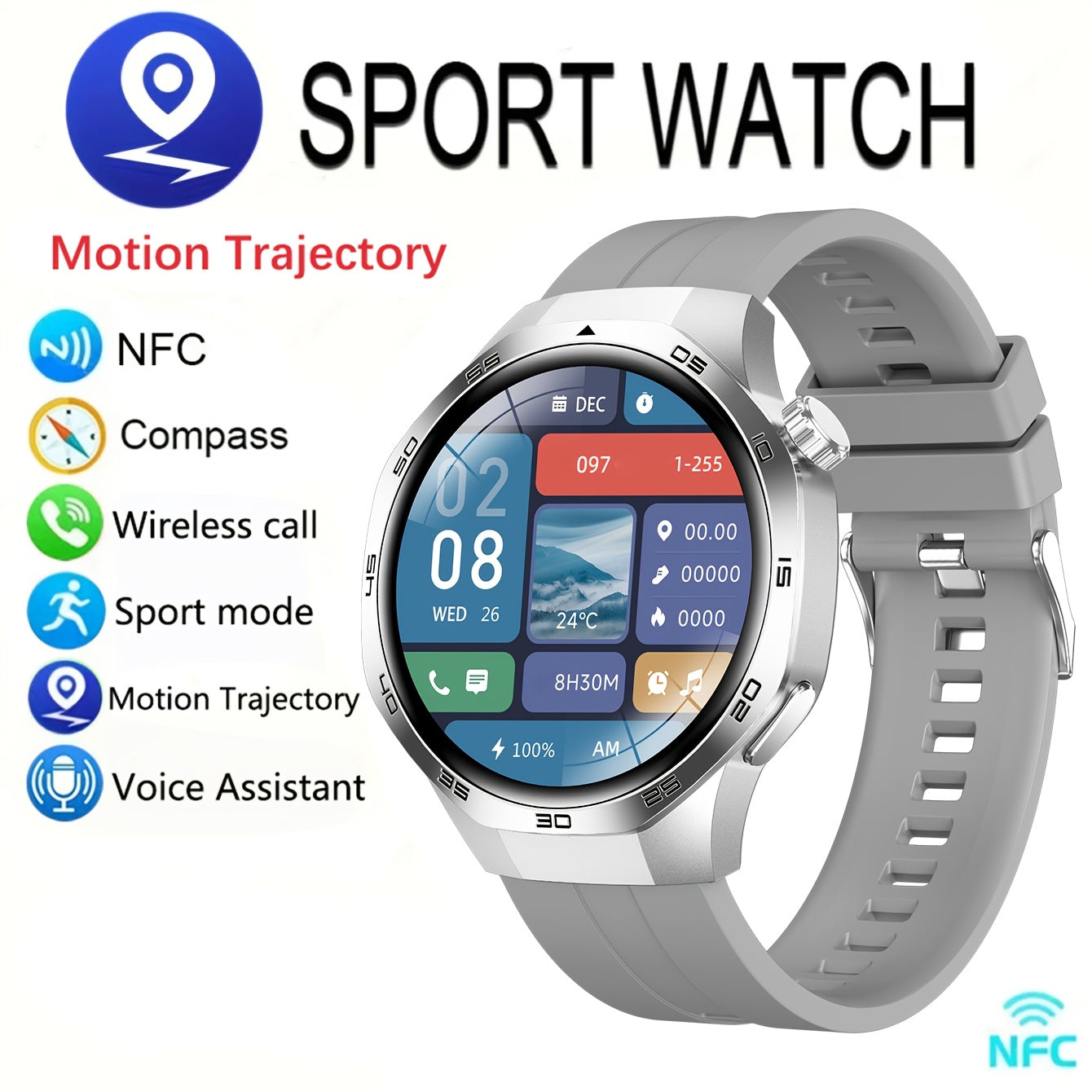Men's Smartwatch GPS Fitness Tracker with 360x360 HD Screen AI Voice Call NFC 100+ Sports Modes