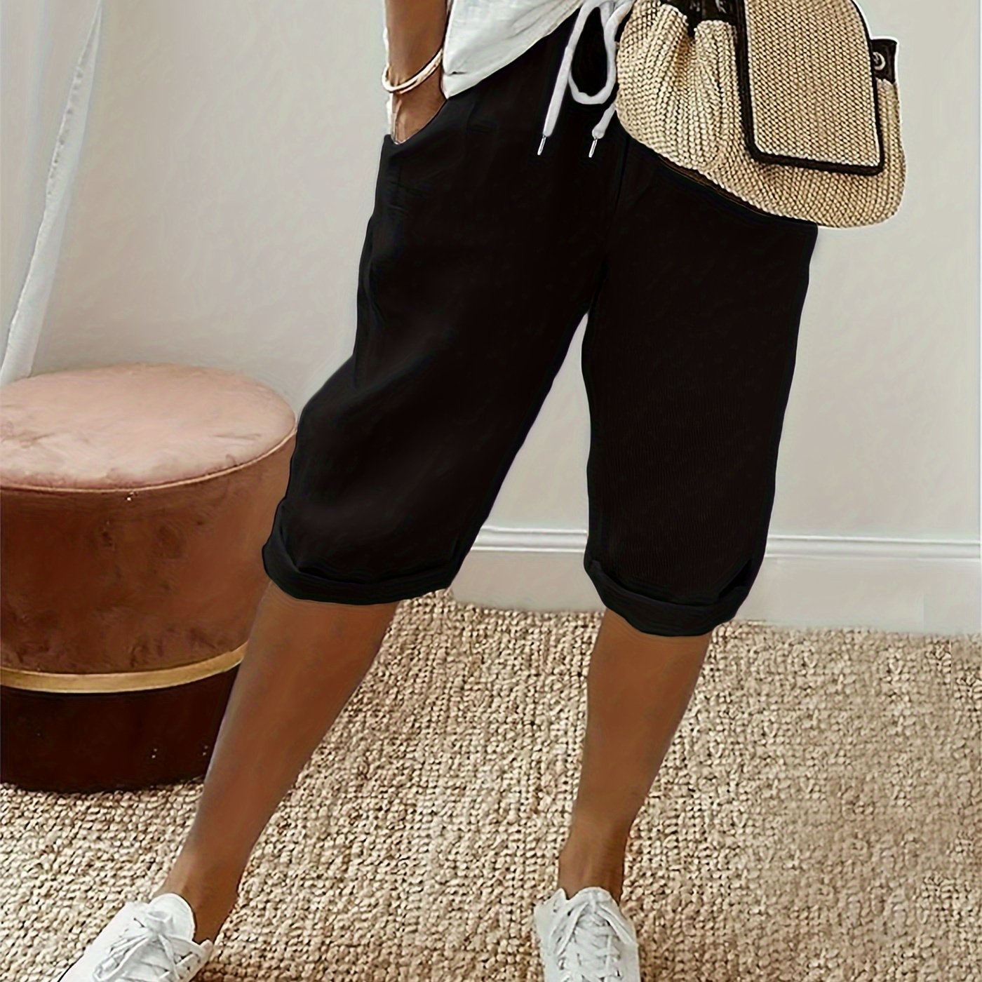 Plus Size Women’s Solid Drawstring Deck Pants Casual Elastic Waist Summer