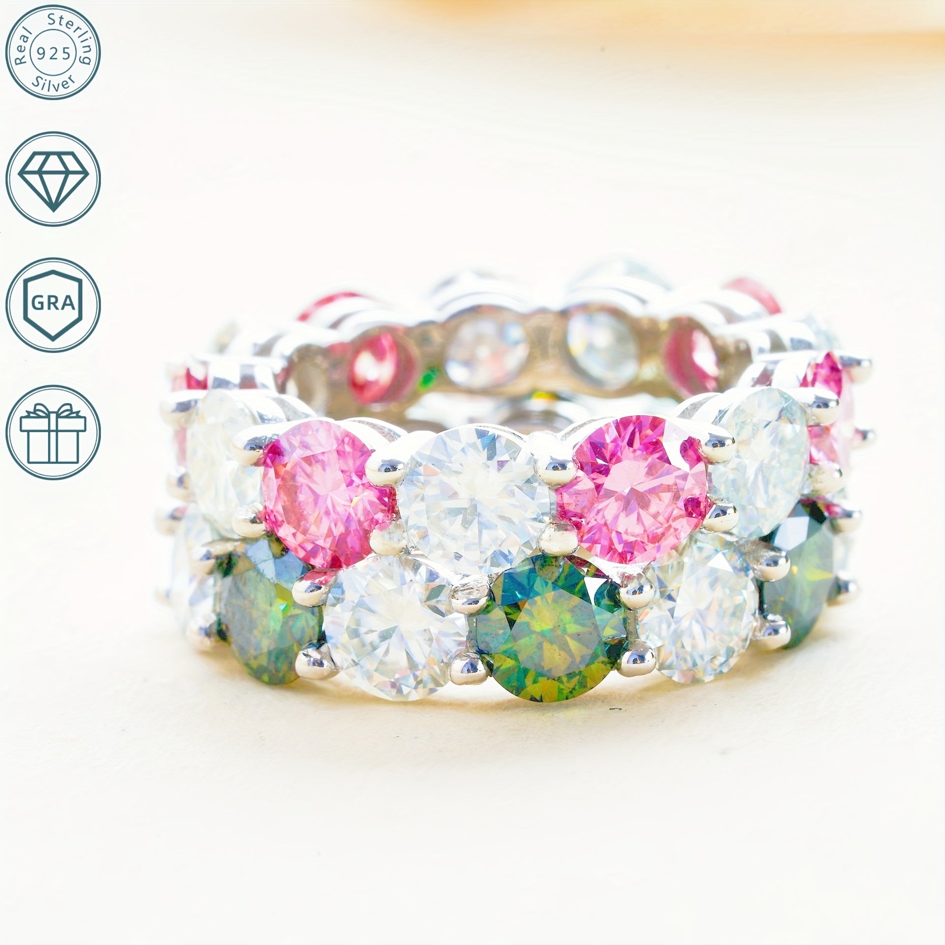 Элегантный набор ювелирных изделий с кольцом на палец - блестящее цветное кольцо вечности из моиссанита в серебре S925, 5 мм, полное кольцо для свадьбы и помолвки из моиссанита для женщин и мужчин, в подарочной коробке