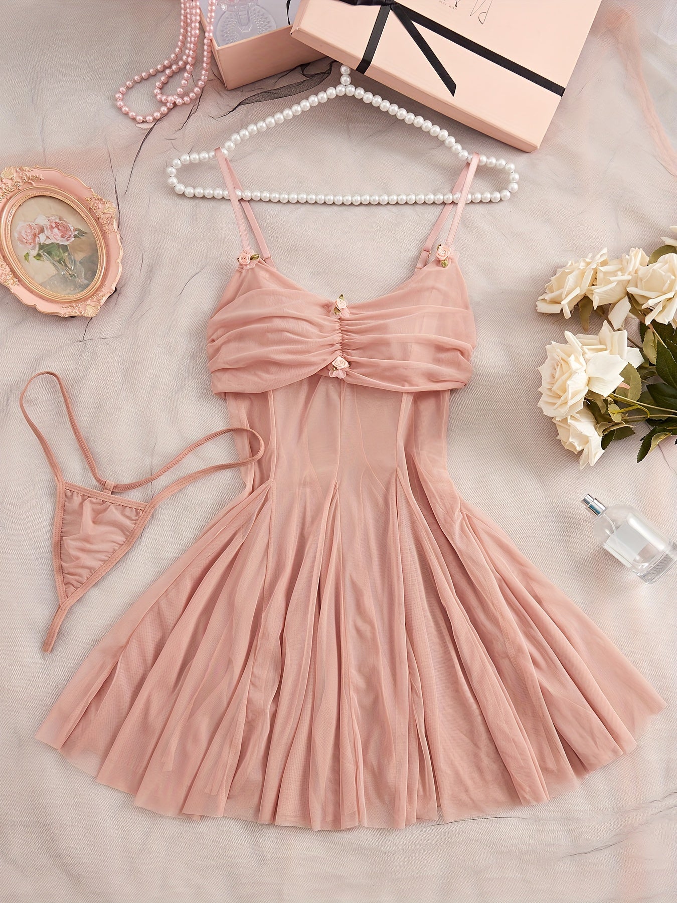 Women's Sexy Lingerie Set with Thong Skirt and Panties Black Satin