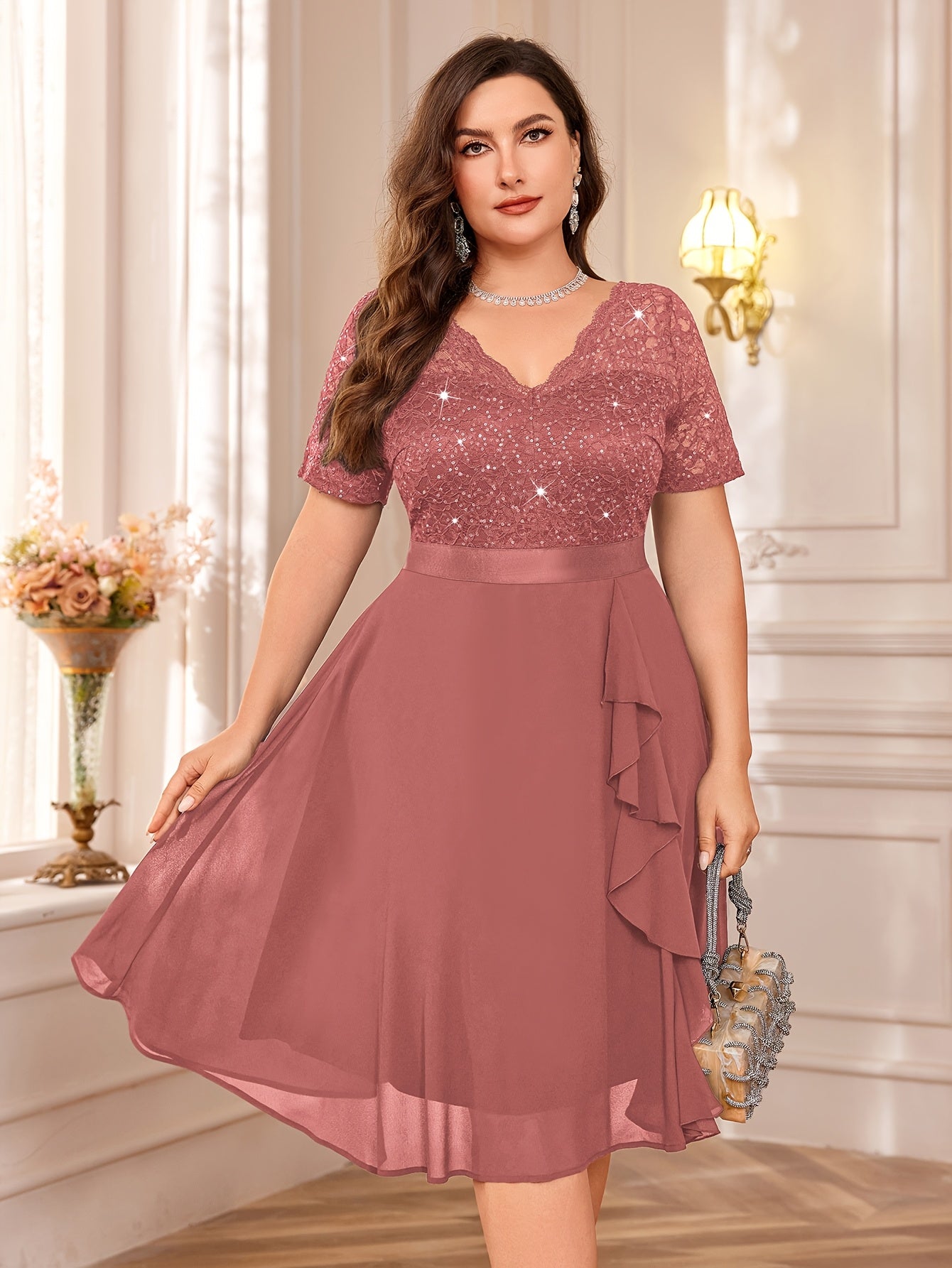 Women's Sequin Lace Chiffon V-Neck Cocktail Party Dress