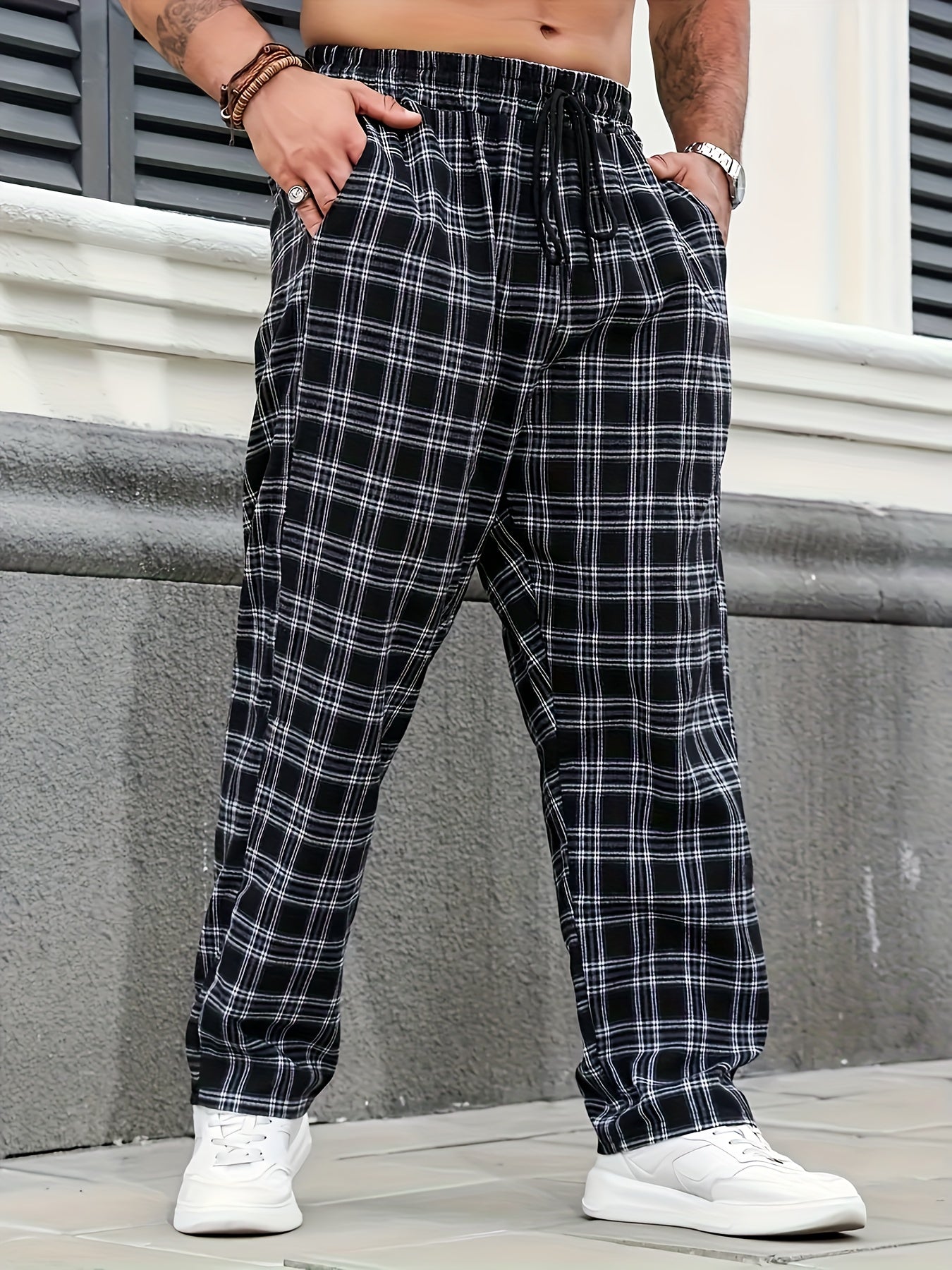 Men's Black and White Plaid Casual Pants Polyester Non-Stretch Drawstring Plus Size