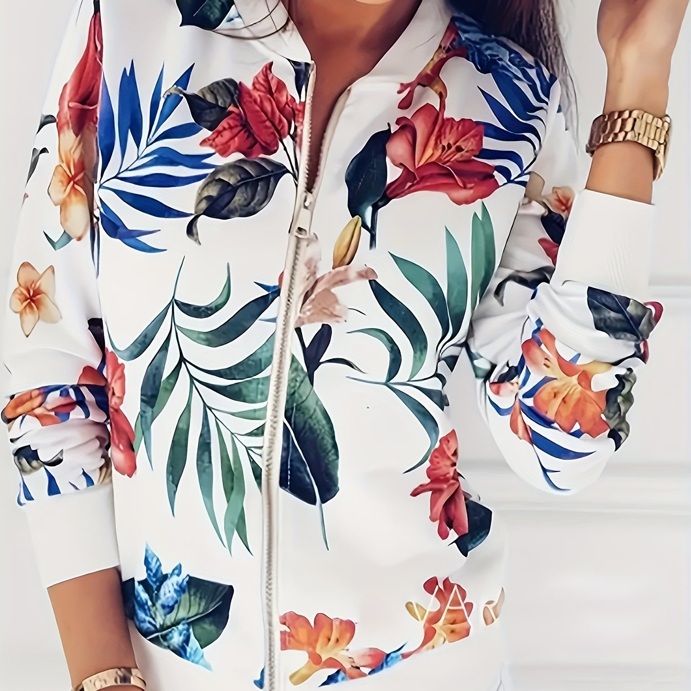 Plus Size Floral Zipper Jacket for Women Fall Winter Casual Long Sleeve