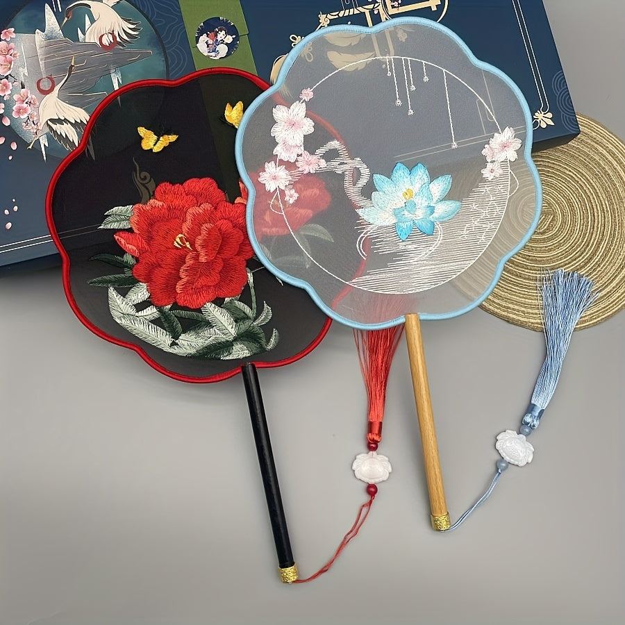 Vintage Peony Embroidery Hand Fan with Floral Double-Sided Design for Home Decor and Gifts