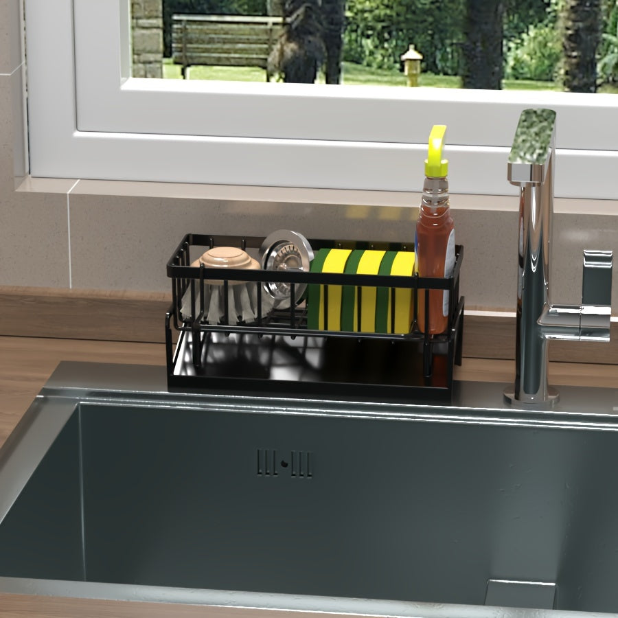 Organizador de fregadero de cocina con barra para toallas, bandeja de goteo y escurridor de grifo