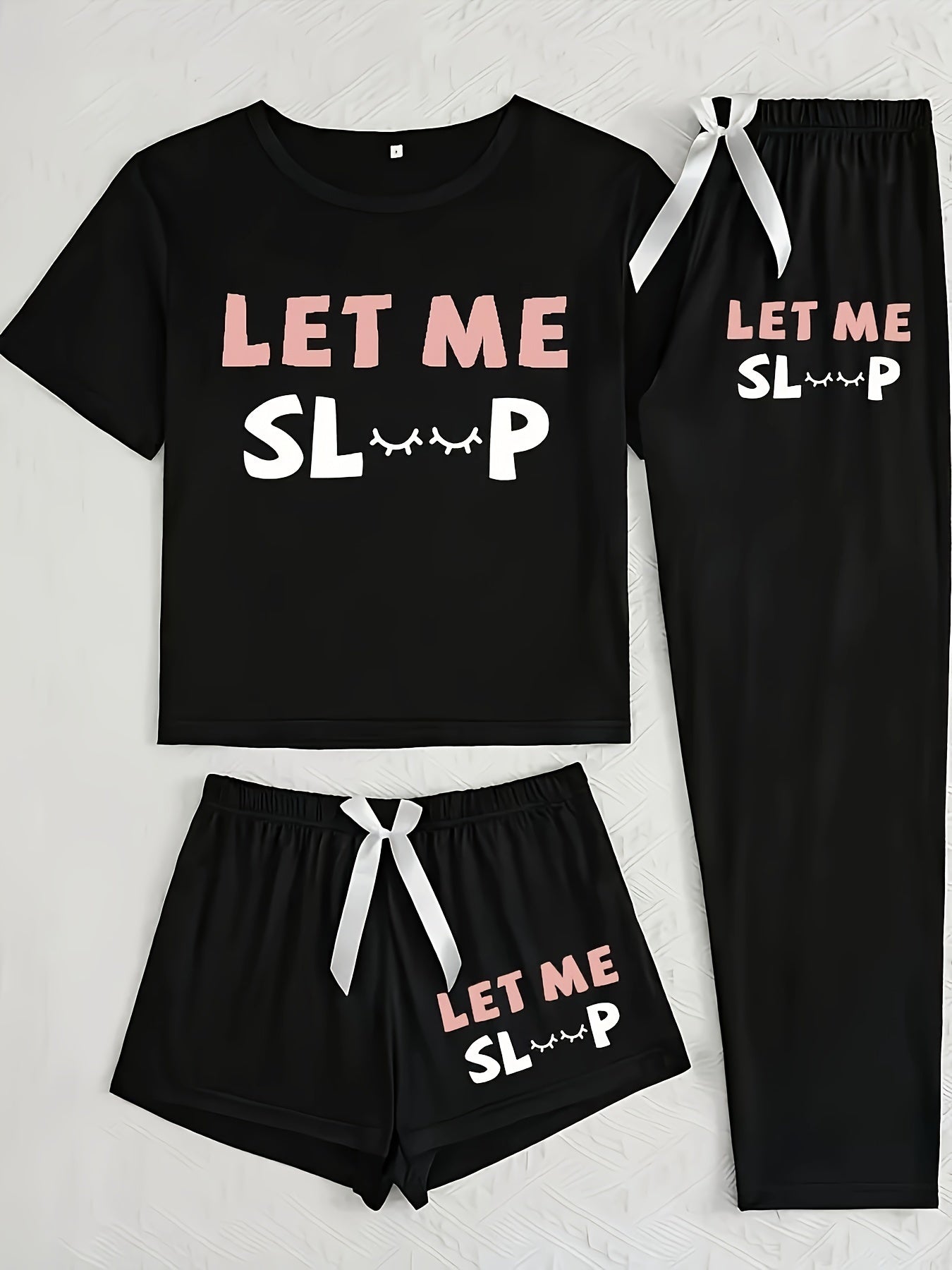 Conjunto de ropa de dormir para mujer con estampado de letras negras, cuello redondo, detalles de lazo en poliéster, para todas las estaciones