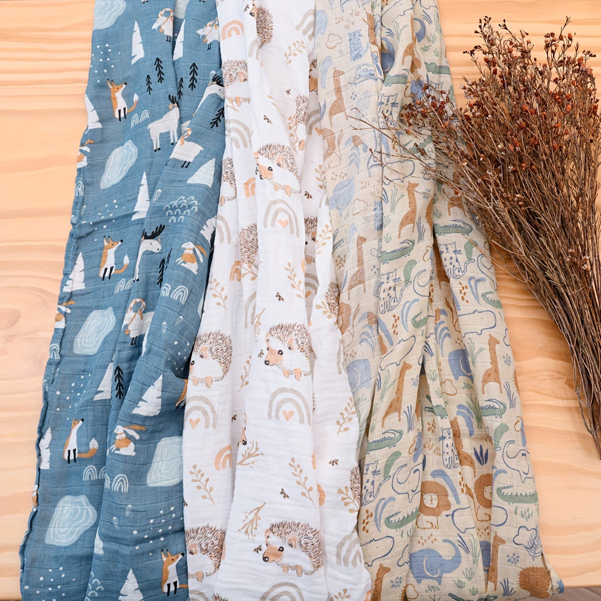 Set of Three Muslin Baby Swaddle Blankets 0-3 Years Cotton Breathable Reusable