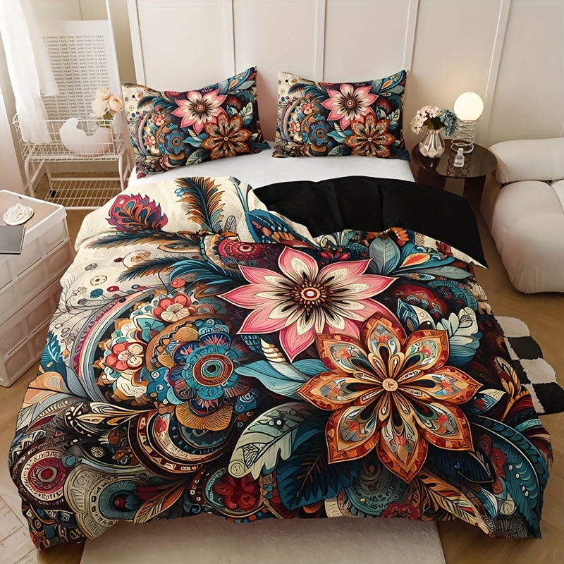 Conjunto de ropa de cama bohemia con mandala floral, 3 piezas, funda nórdica y fundas de almohada