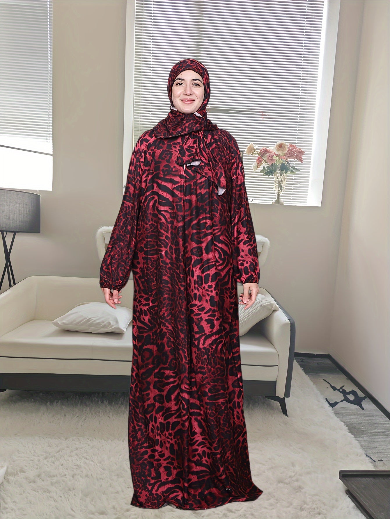 Women's Abaya Ultra-Soft Stretchy Long Sleeve Leopard Print Red Accents