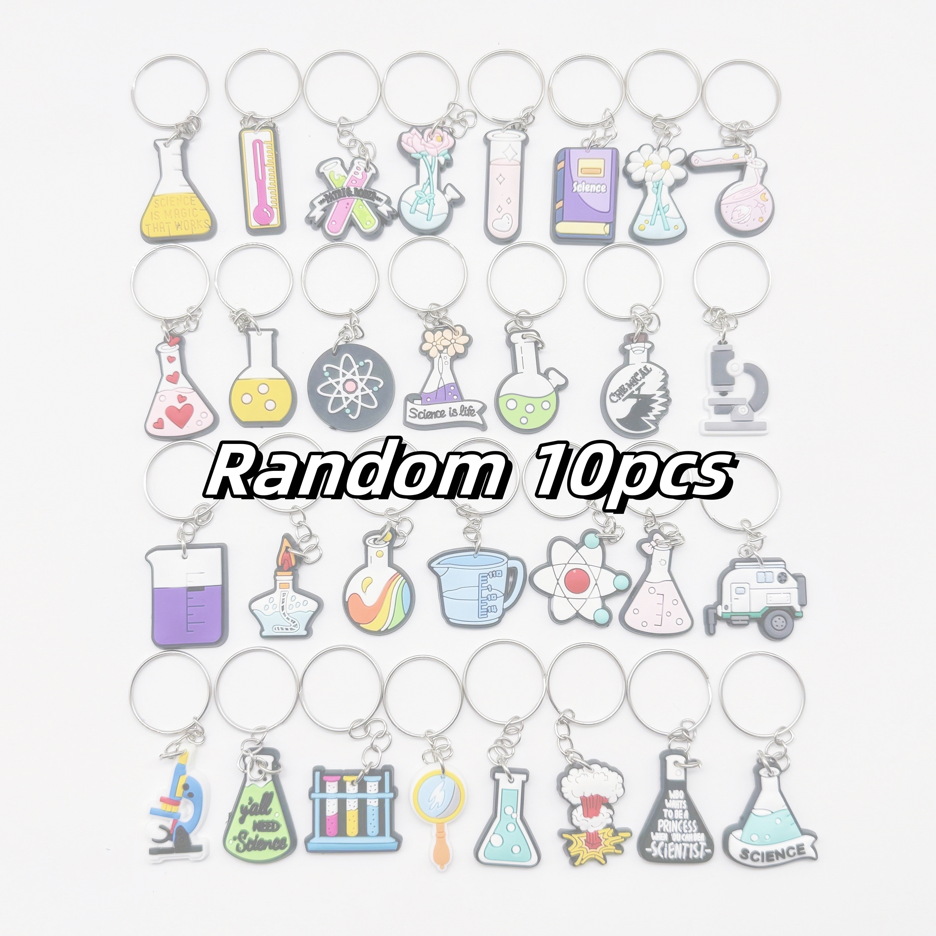 Kimyo va biologiya laboratoriyasi mavzulari bilan kalit zanjiri to'plami, test quvurlari, beakerlar, spirtli lampalar va uchburchak shishalar bilan - talabalar va maktab bezaklari uchun ideal, fan ilhomlantirgan.