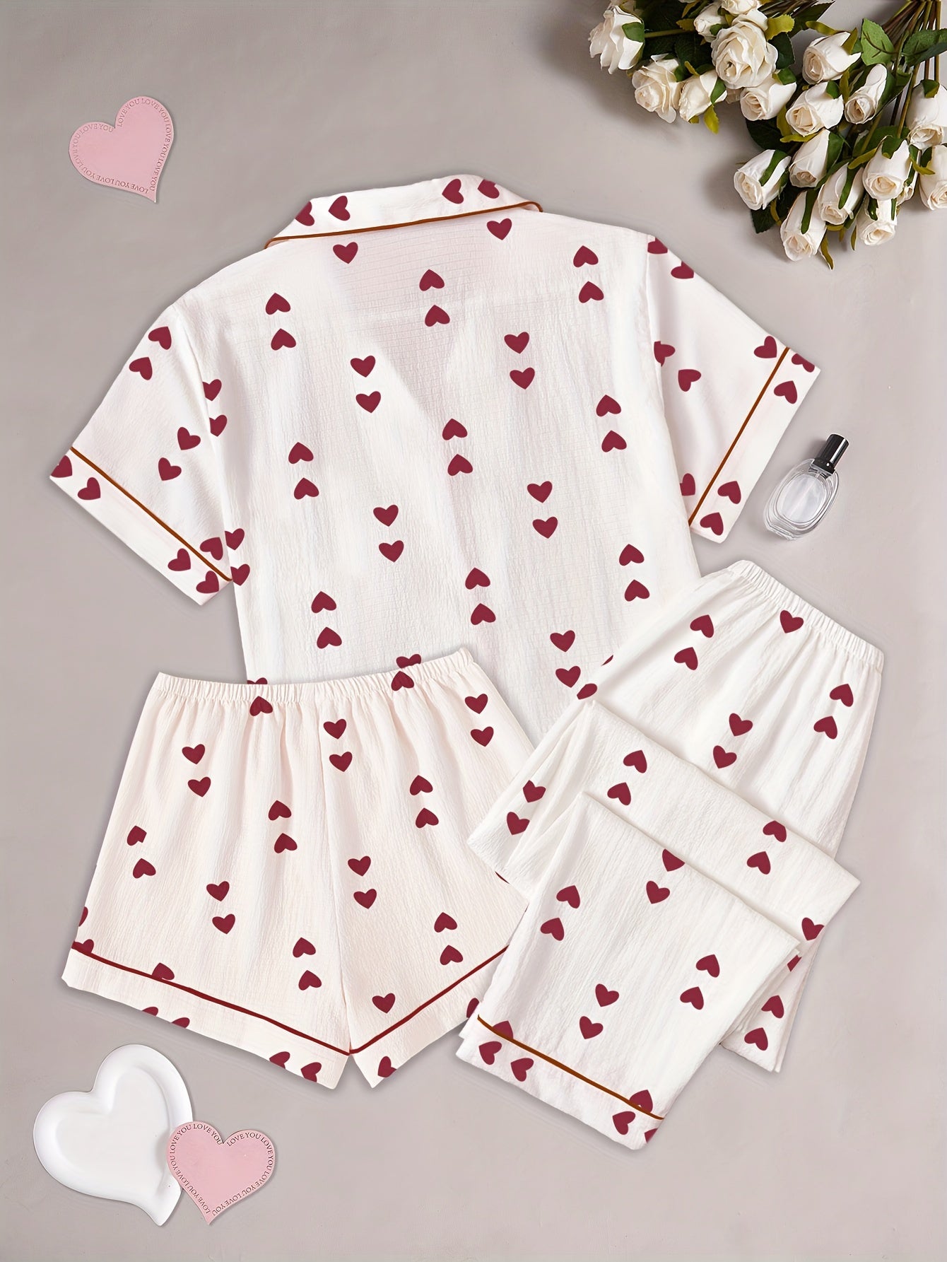 Women's Pajama Set with Heart Print Shirt Shorts and Long Pants All-Season Sleepwear