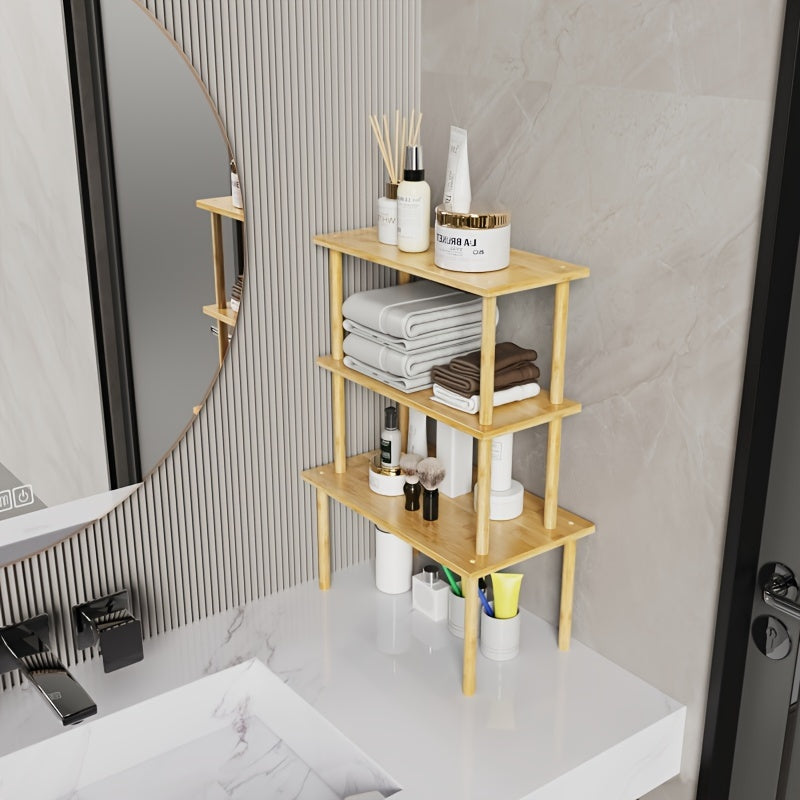 Set of 3 Bamboo Cabinet Organizers Adjustable Countertop Shelves Kitchen Storage Rack