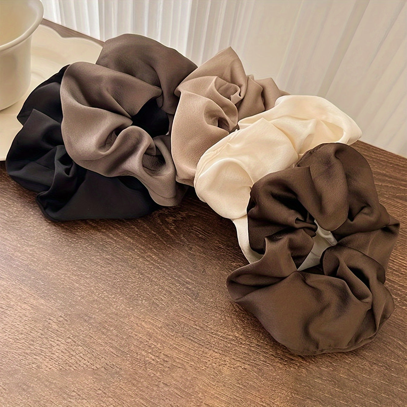 Set of 5 Elegant Fabric Hair Scrunchies in Black White and Brown for All Ages