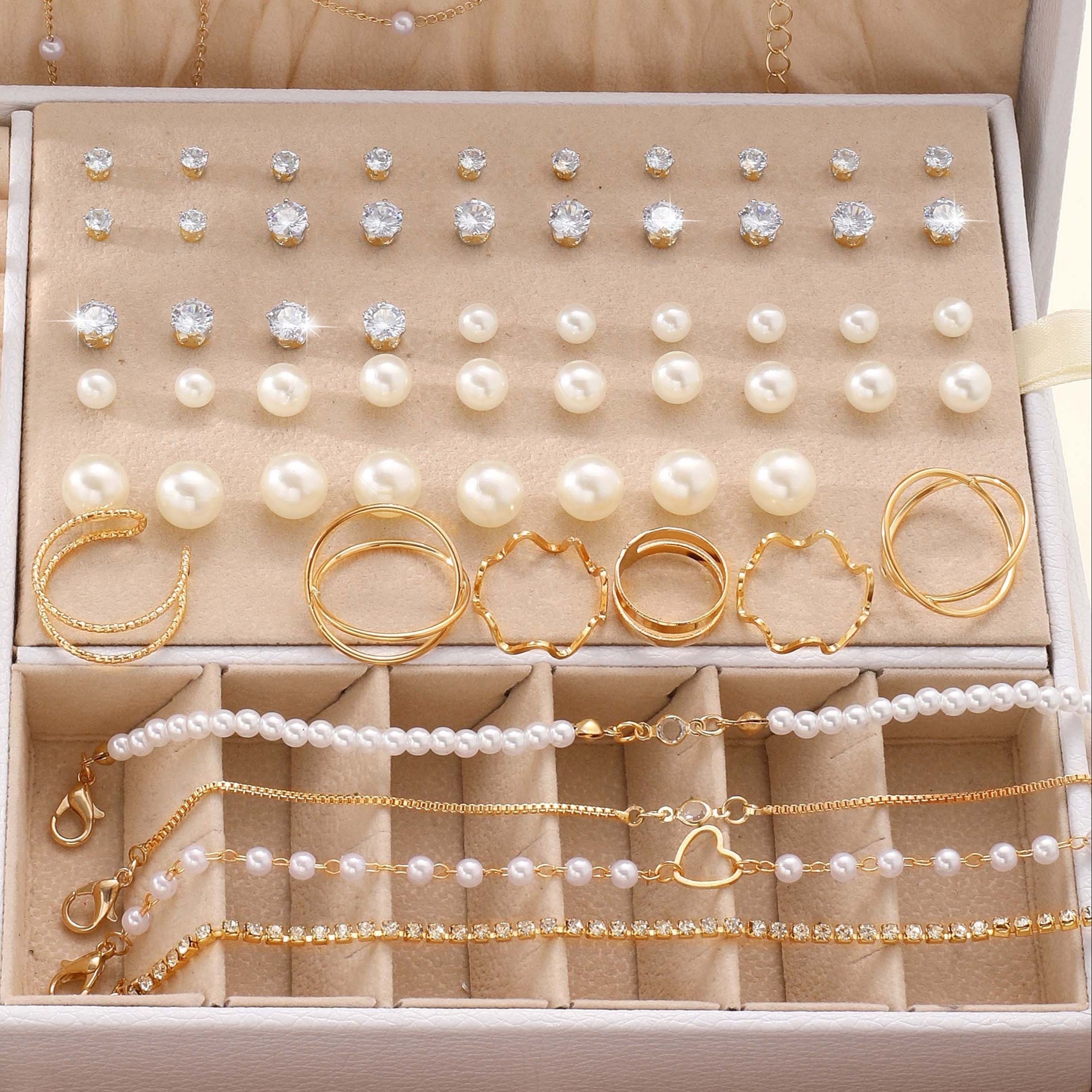 Jewelry Set with 83 Faux Pearl Rings Earrings Necklaces Bracelets for Women