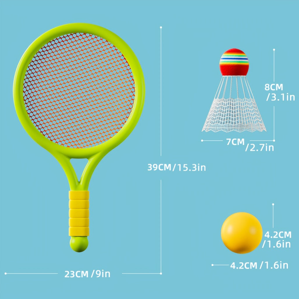 3-6 yoshdagi bolalar uchun badminton va tennis raketkalari to'plami. Oila uchun interaktiv ochiq havoda sport o'yini. Mustahkam plastikdan tayyorlangan, sirpanmaydigan yumshoq tutqichli ta'limiy muvofiqlik o'yinchoqlari.