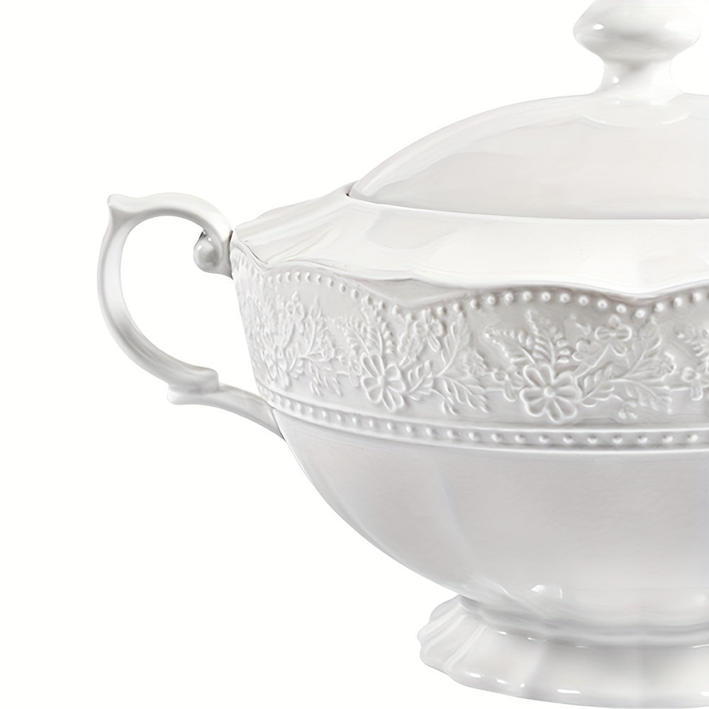 White Ceramic Soup Tureen with Lid and Handle for Home and Restaurant Use