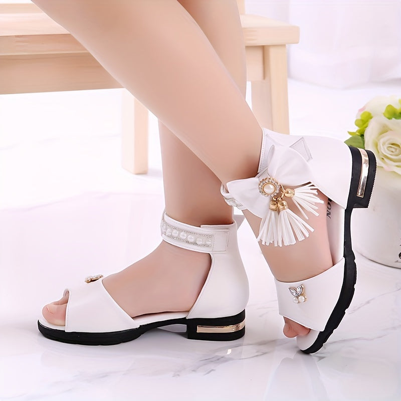Girls Summer Open Toe Sandals with Bowknot Low Top PU Material for Vacation and Casual Wear