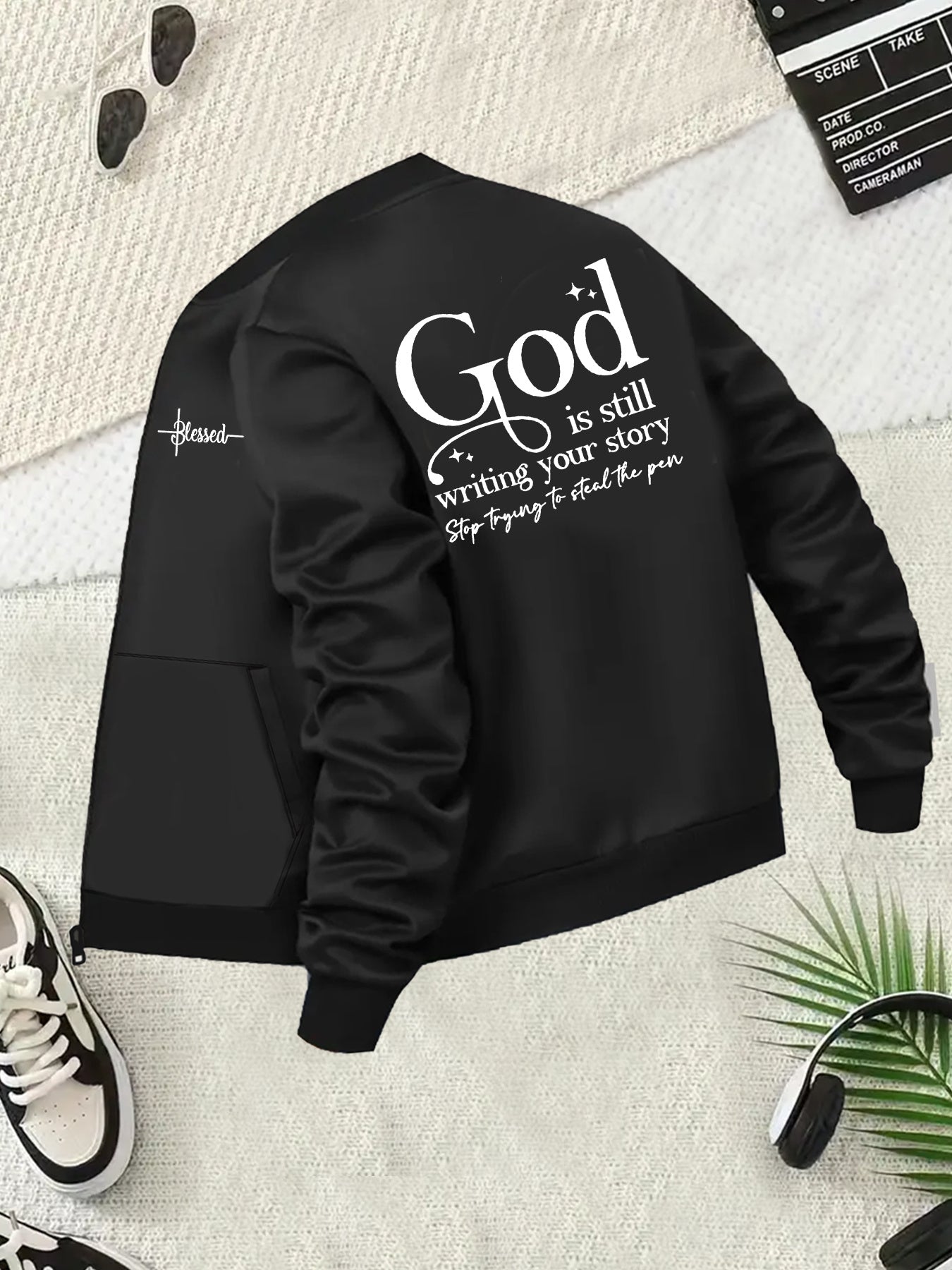 Women’s Plus Size Black Jacket with Inspirational Back Print All-Season Coat